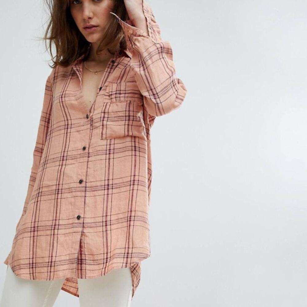 Free People Linen No Limit Shirt Orange Plaid Longline Relaxed Fit Womens Medium
